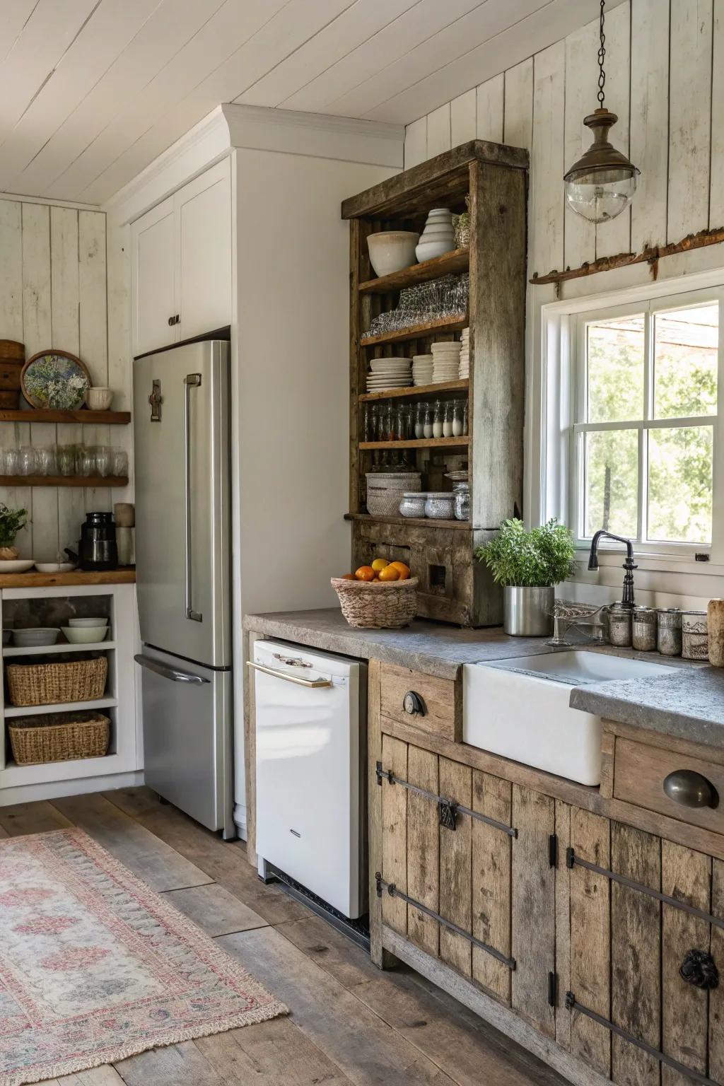 Farmhouse kitchen with a mix of modern and vintage elements.