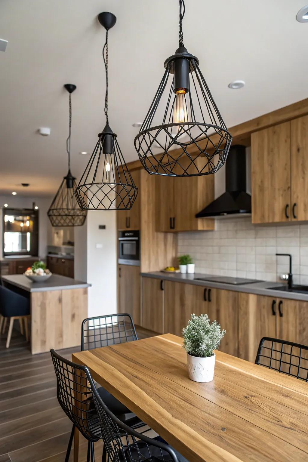 Black metal cage lights add an industrial edge to the kitchen.