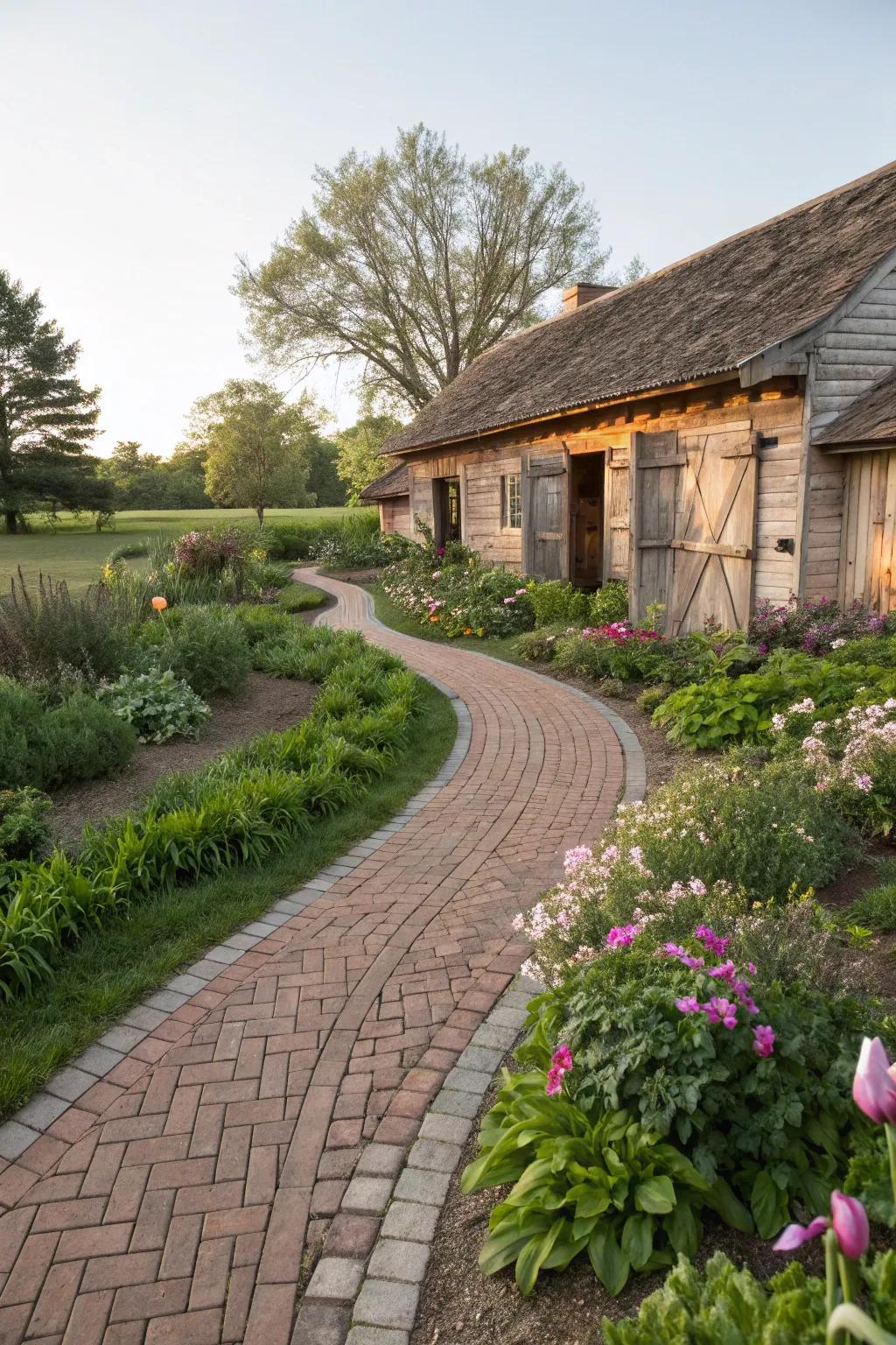 A winding brick path brings whimsy and warmth to this farmhouse setting.