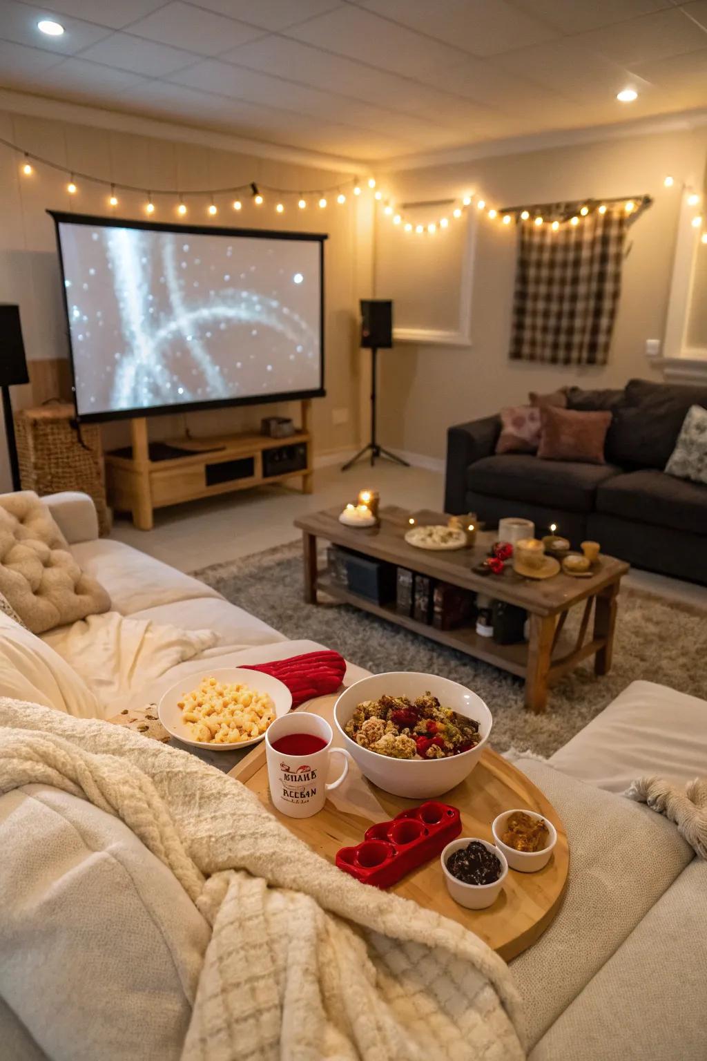 Transform your living room into a cozy cinema for a February birthday movie marathon.