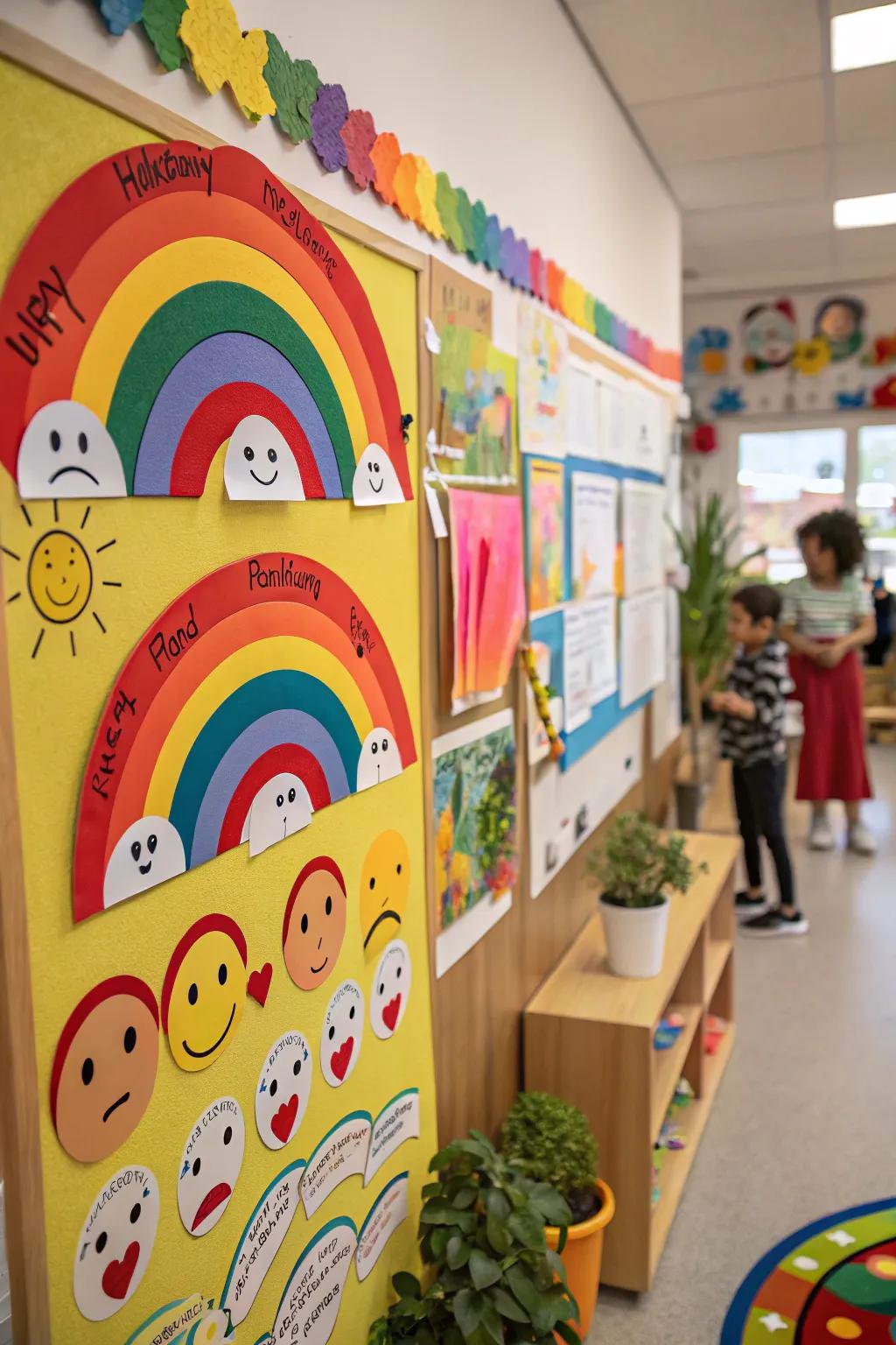 A colorful rainbow board to help preschoolers express their emotions.