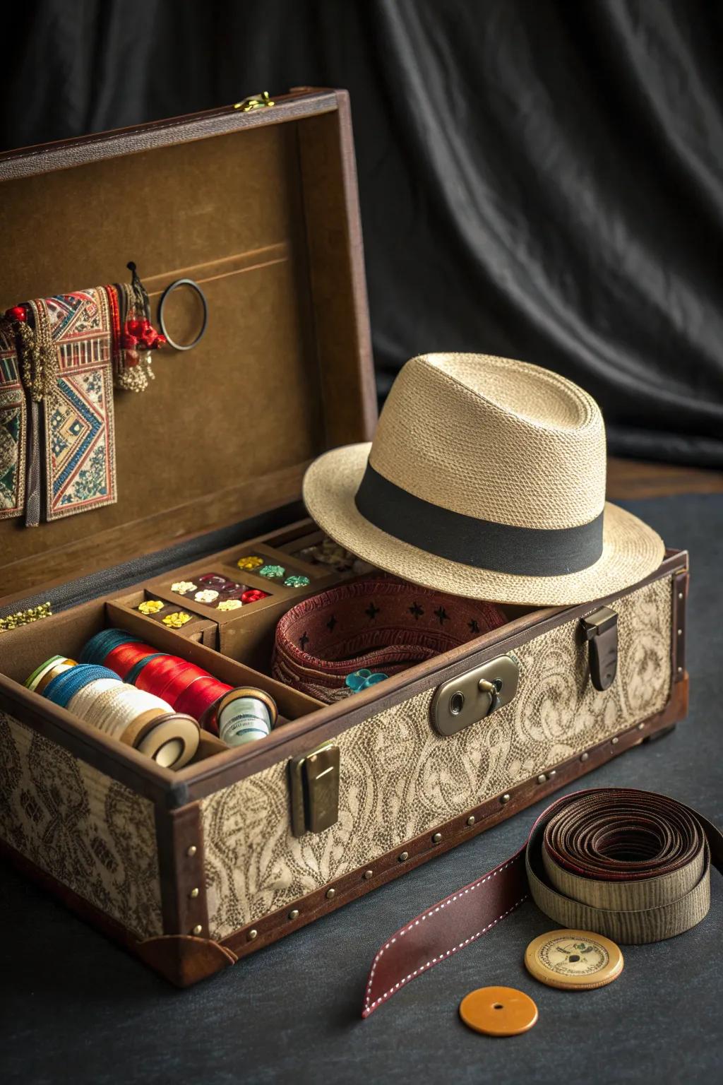 Transform elegance into utility with a vintage hat box storage solution.
