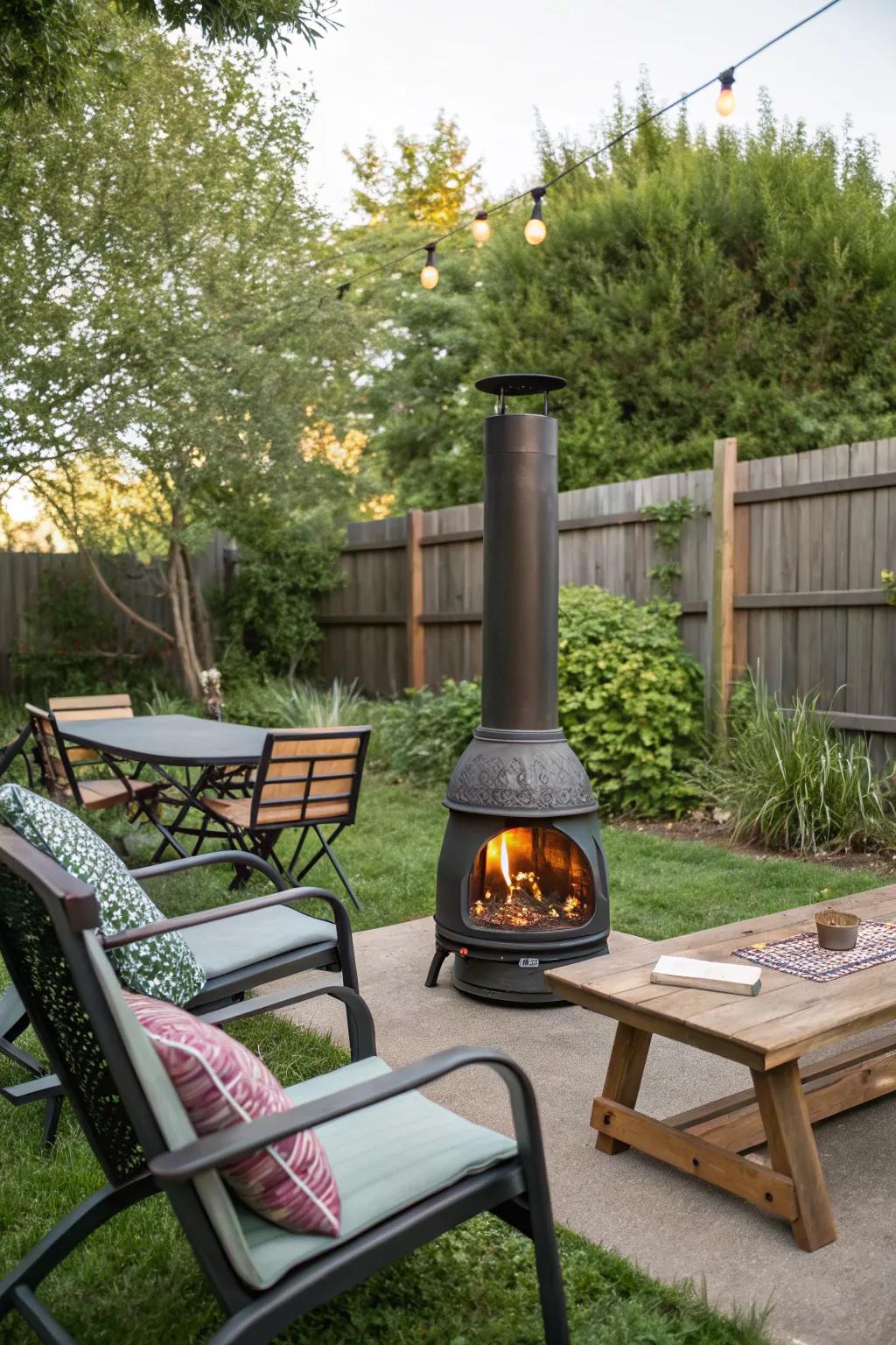 A portable metal chiminea adds warmth and flexibility to your garden layout.