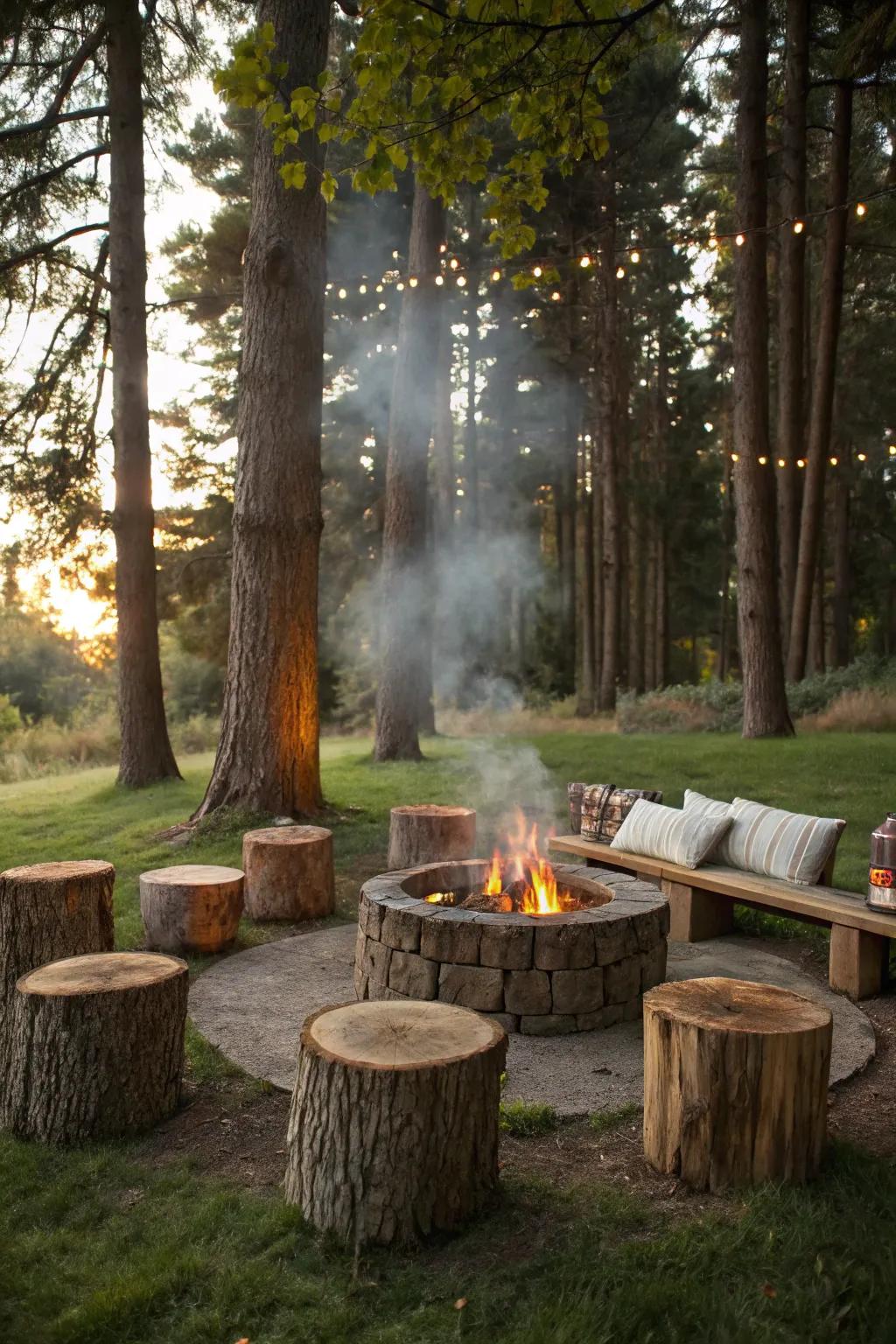 Tree stump seating adds a rustic and natural touch to your fire pit area.