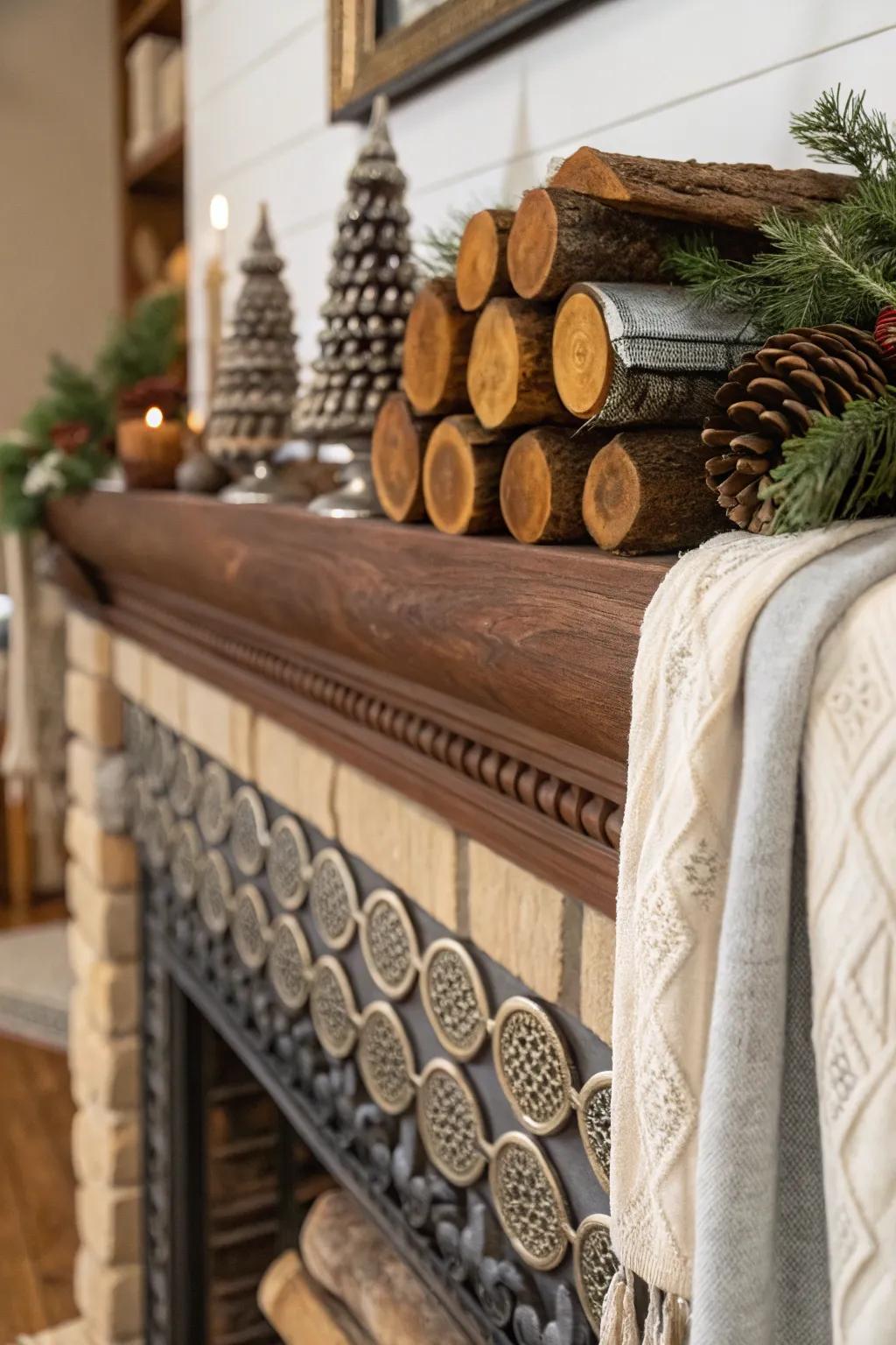 Layered textures bring depth and warmth to this fireplace mantel.