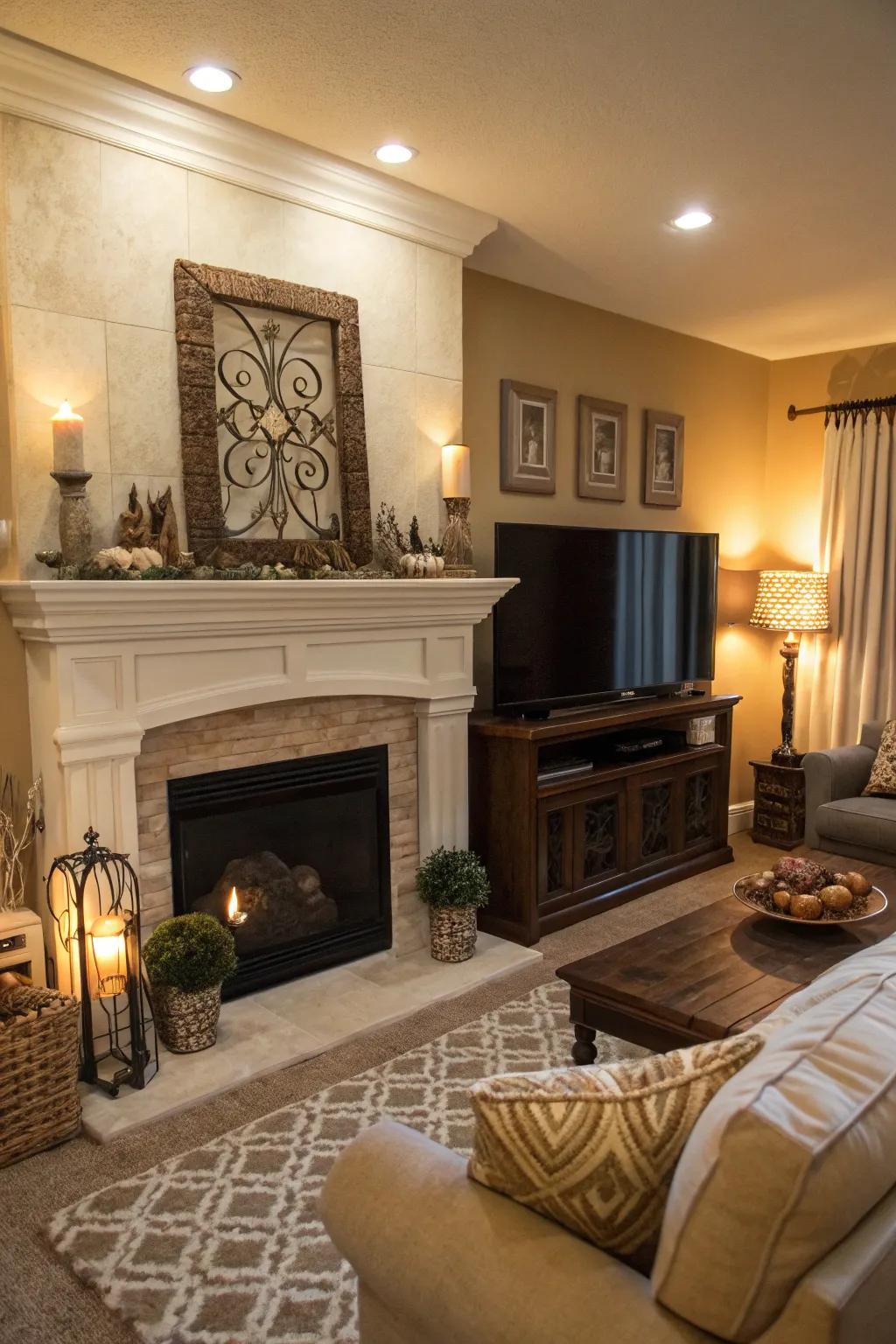 A faux mantel provides the charm of a fireplace without the need for heat.