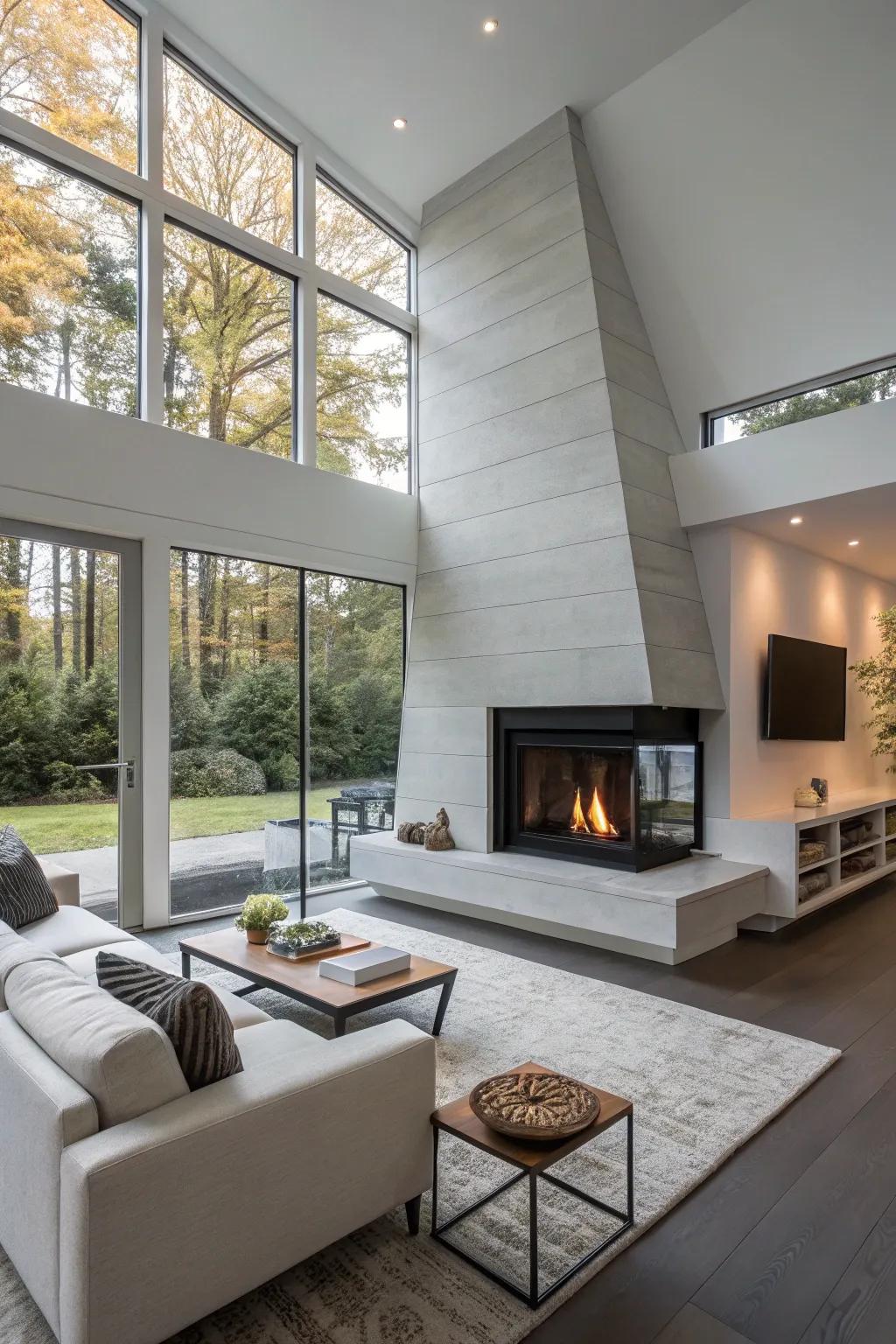 An asymmetrical fireplace creating a bold statement in a contemporary setting.