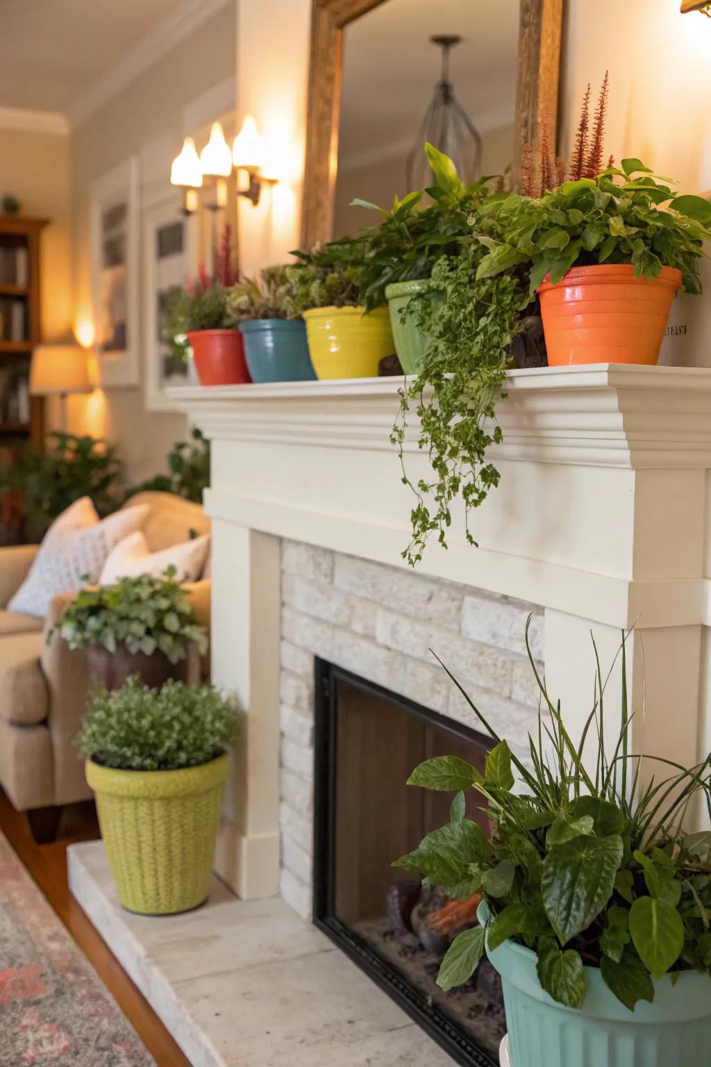 Live plants add a refreshing touch to your mantel decor.