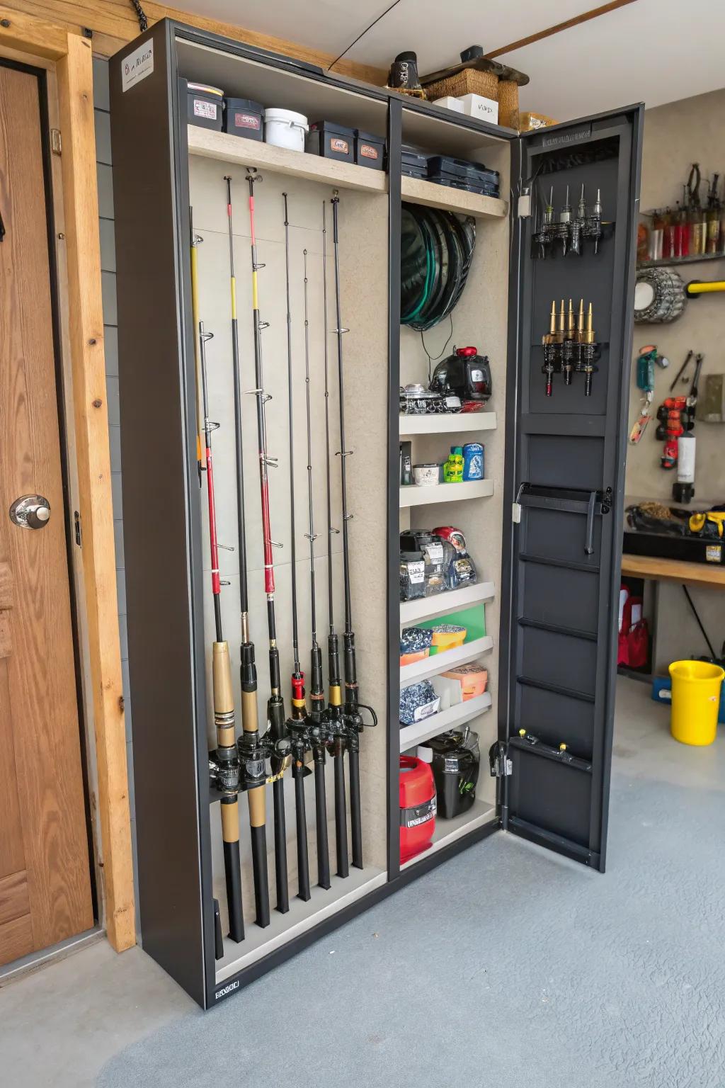 A multi-purpose storage cabinet neatly organizes fishing gear.