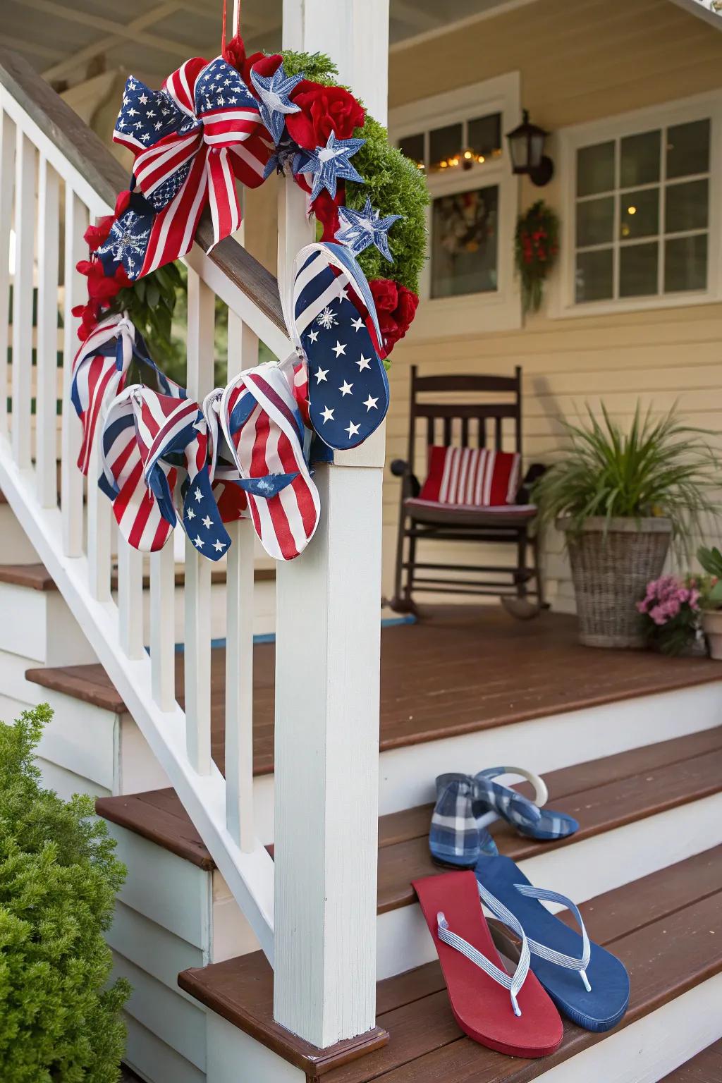 A patriotic flip flop wreath, perfect for celebrating national holidays.