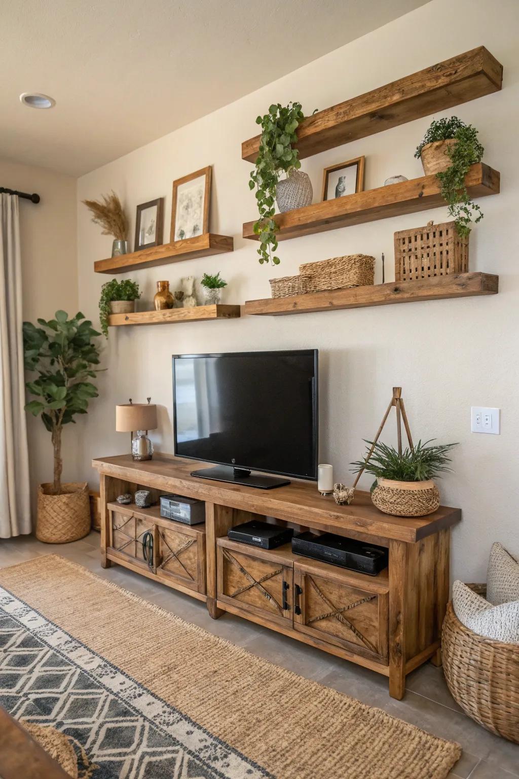 Wooden floating shelves add warmth and a natural touch to the TV area.