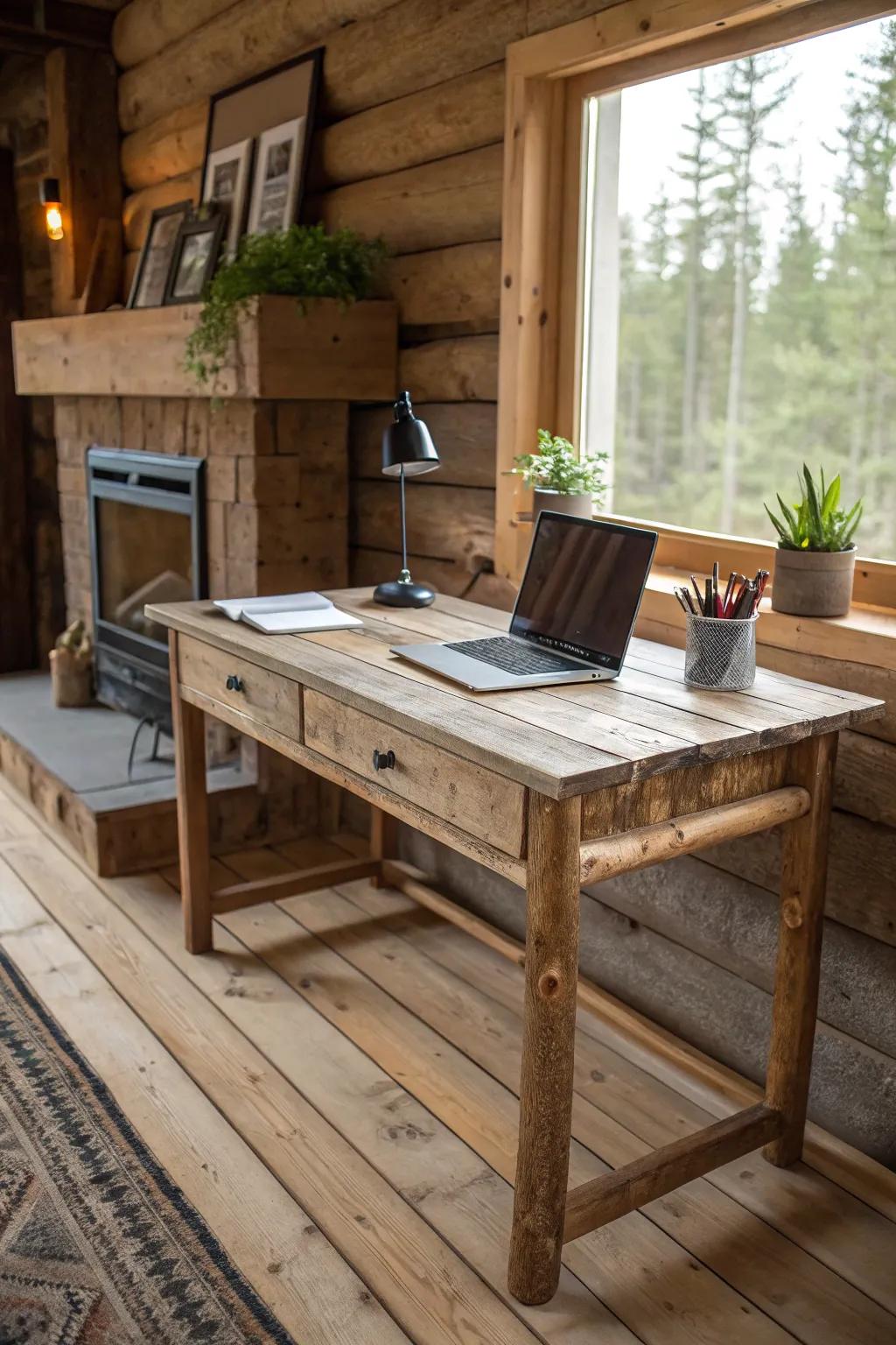 An eco-friendly floor desk that combines sustainability with rustic charm.