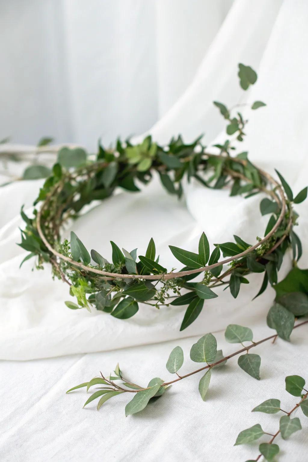 An elegant greenery crown with a minimalist touch.