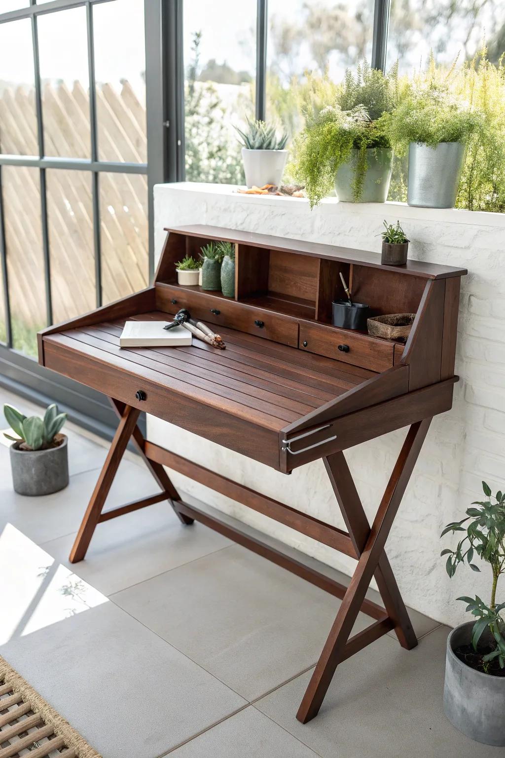 Elevate your gardening experience with this stylish fold-out workbench – where form meets function.