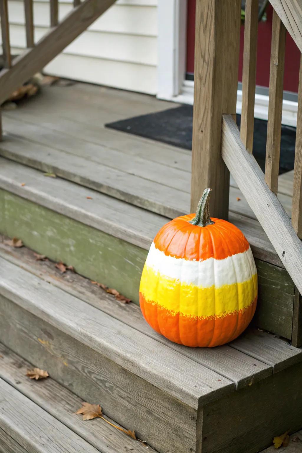 Candy corn pumpkins add a sweet and colorful flair to any setting.