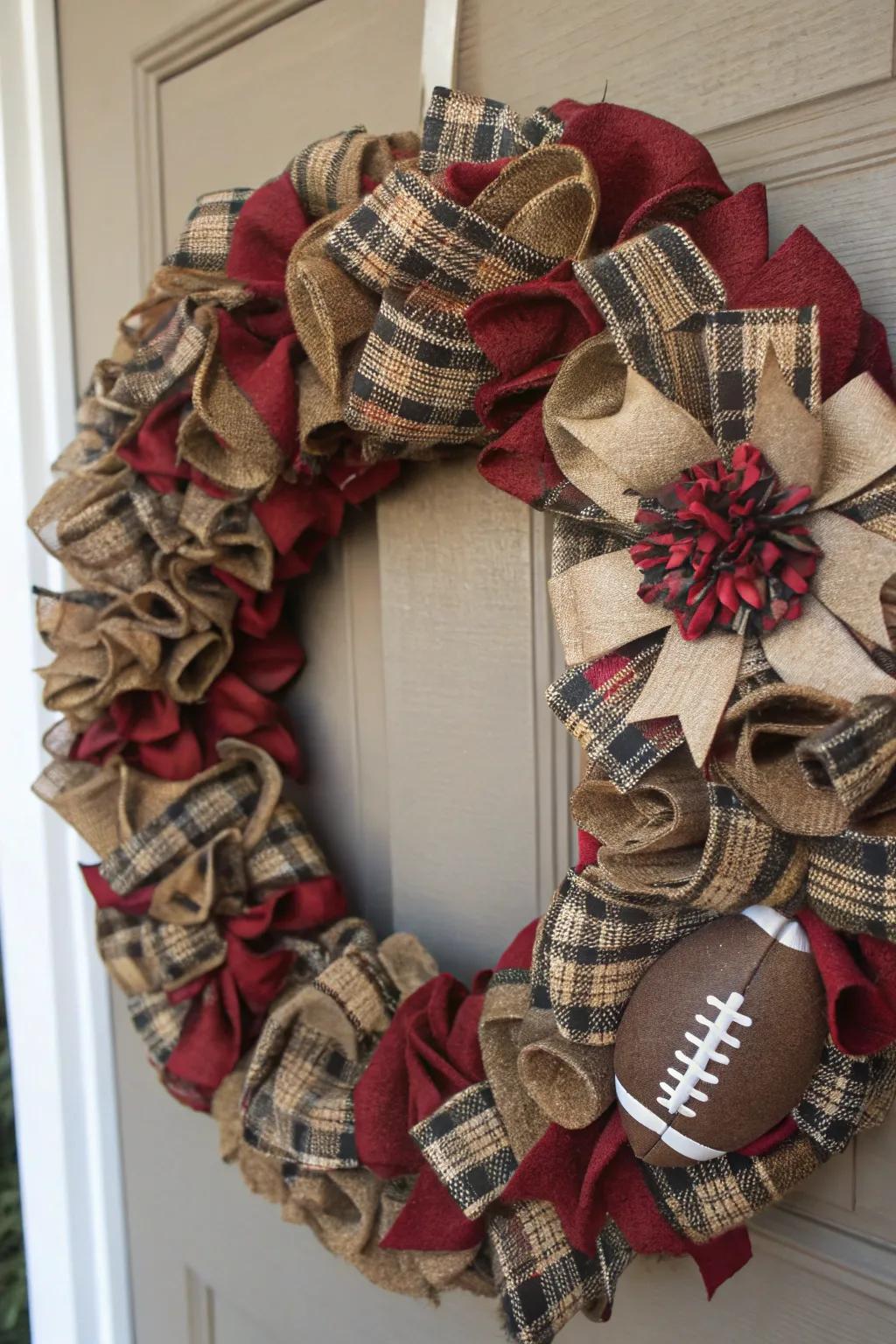 Plaid and pigskin textures combine for a cozy, stylish wreath.