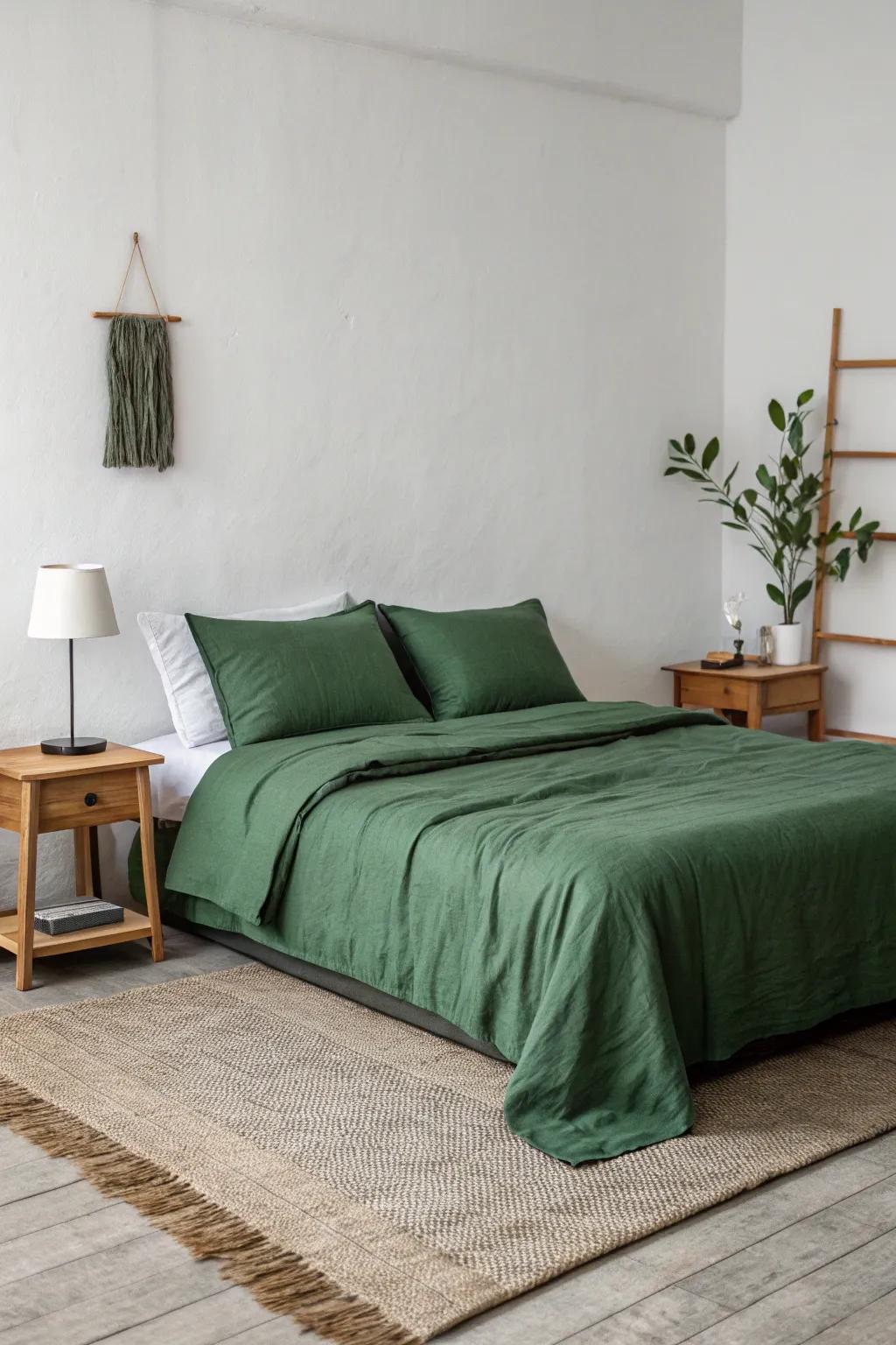 A minimalist bedroom with forest green bedding as the focal point.