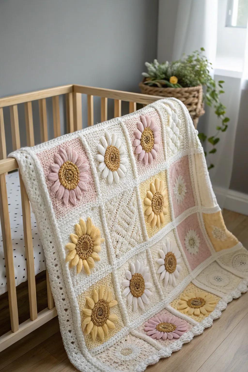 Wrap your little one in the warmth of sunshine and flowers with this handcrafted crochet masterpiece.