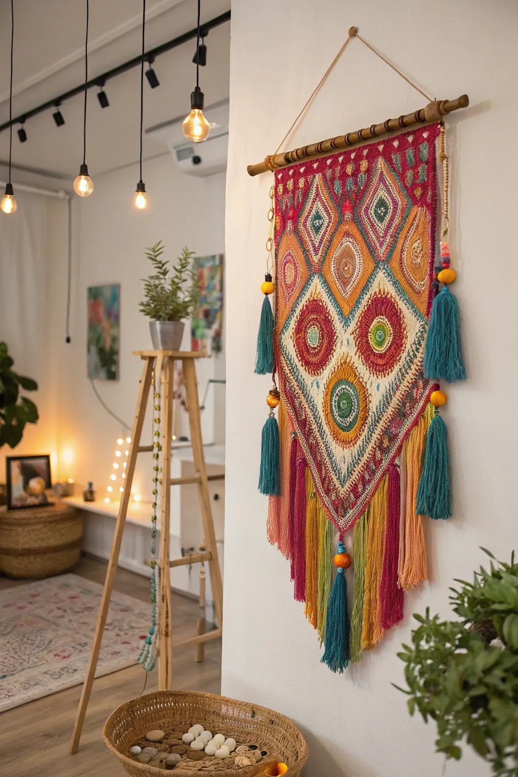 A boho wall hanging that adds a touch of creativity to any space.