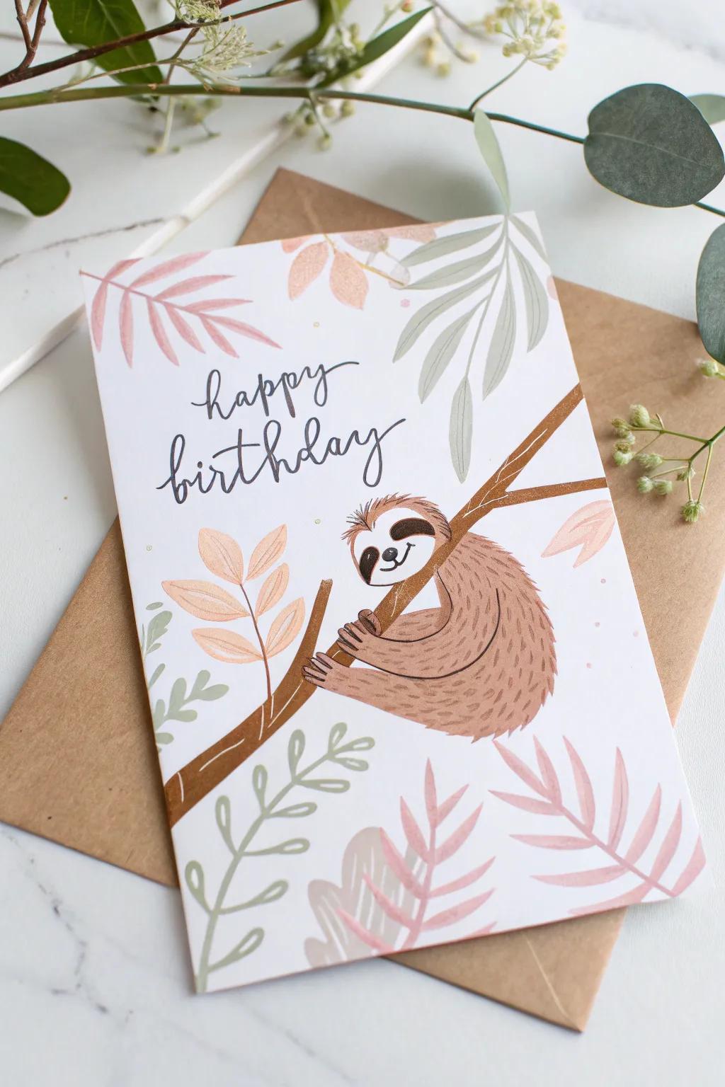 Celebrate with a smile: Adorable sloth birthday card for a touch of joy!