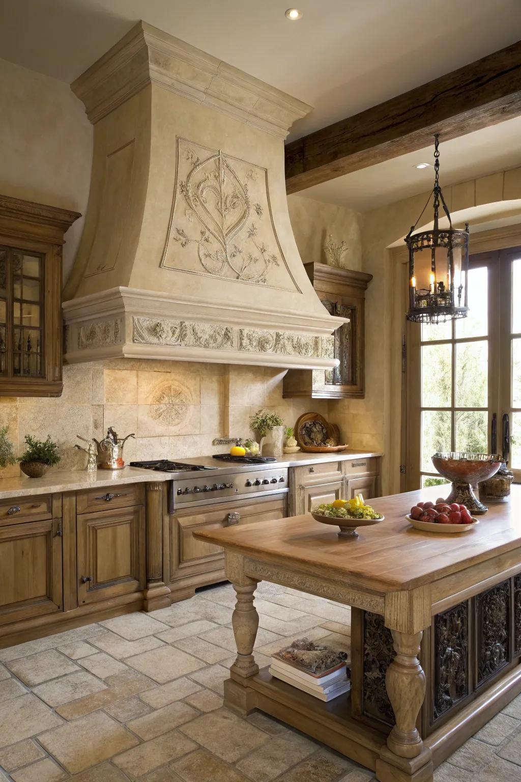 A grand range hood as the centerpiece of the kitchen.