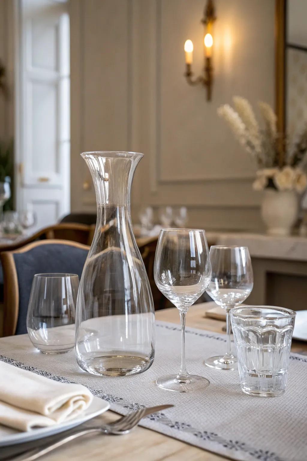 Simple clear glassware enhances the relaxed elegance of a French dining experience.