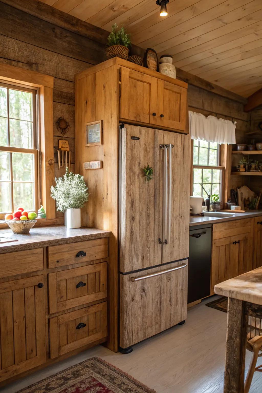 Wood grain wraps create a rustic charm perfect for farmhouse kitchens.