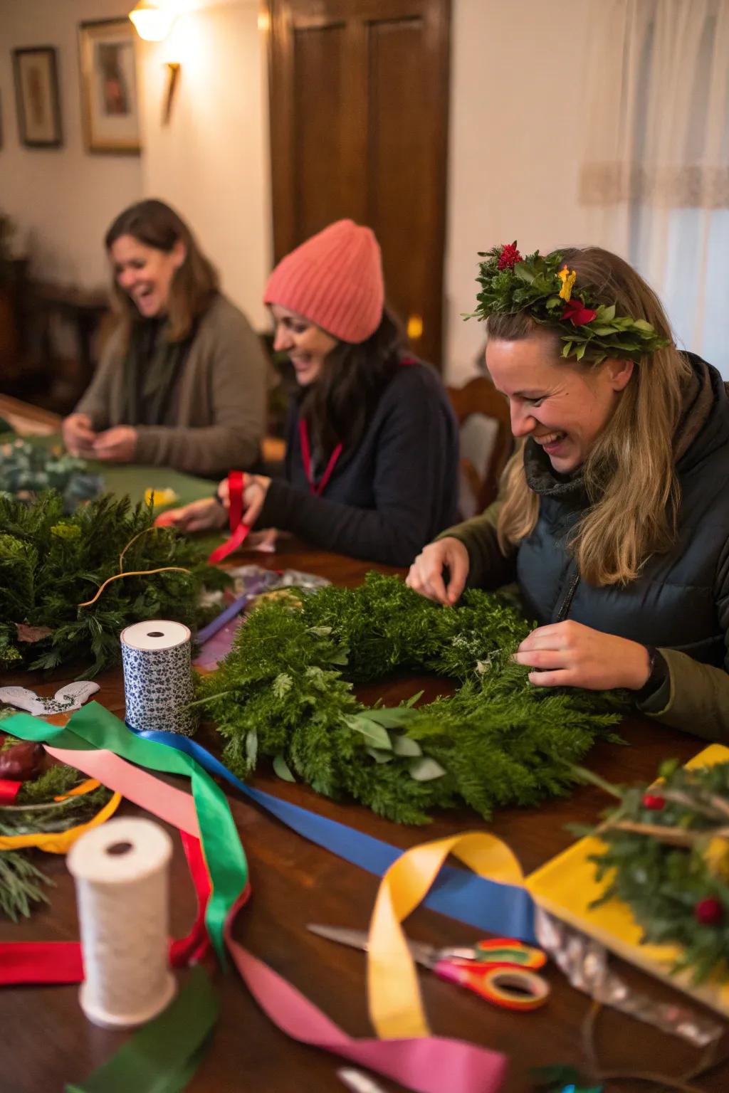 Create stunning holiday wreaths with friends at a wreath-making workshop.