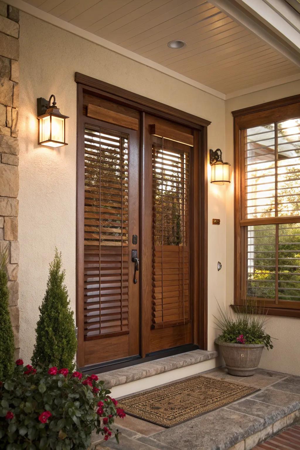 Natural wood blinds adding warmth and character to the entryway.