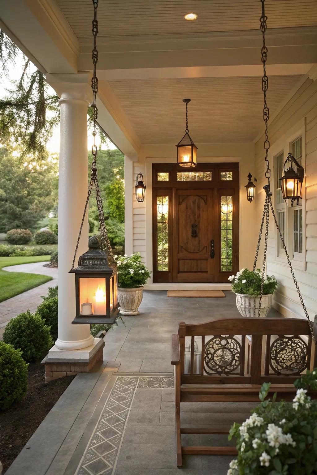 Symmetrical lighting creates a welcoming glow.