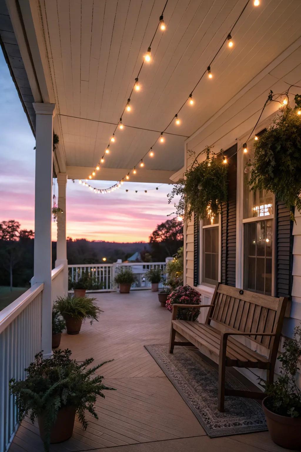 String lights create a warm and inviting evening glow.