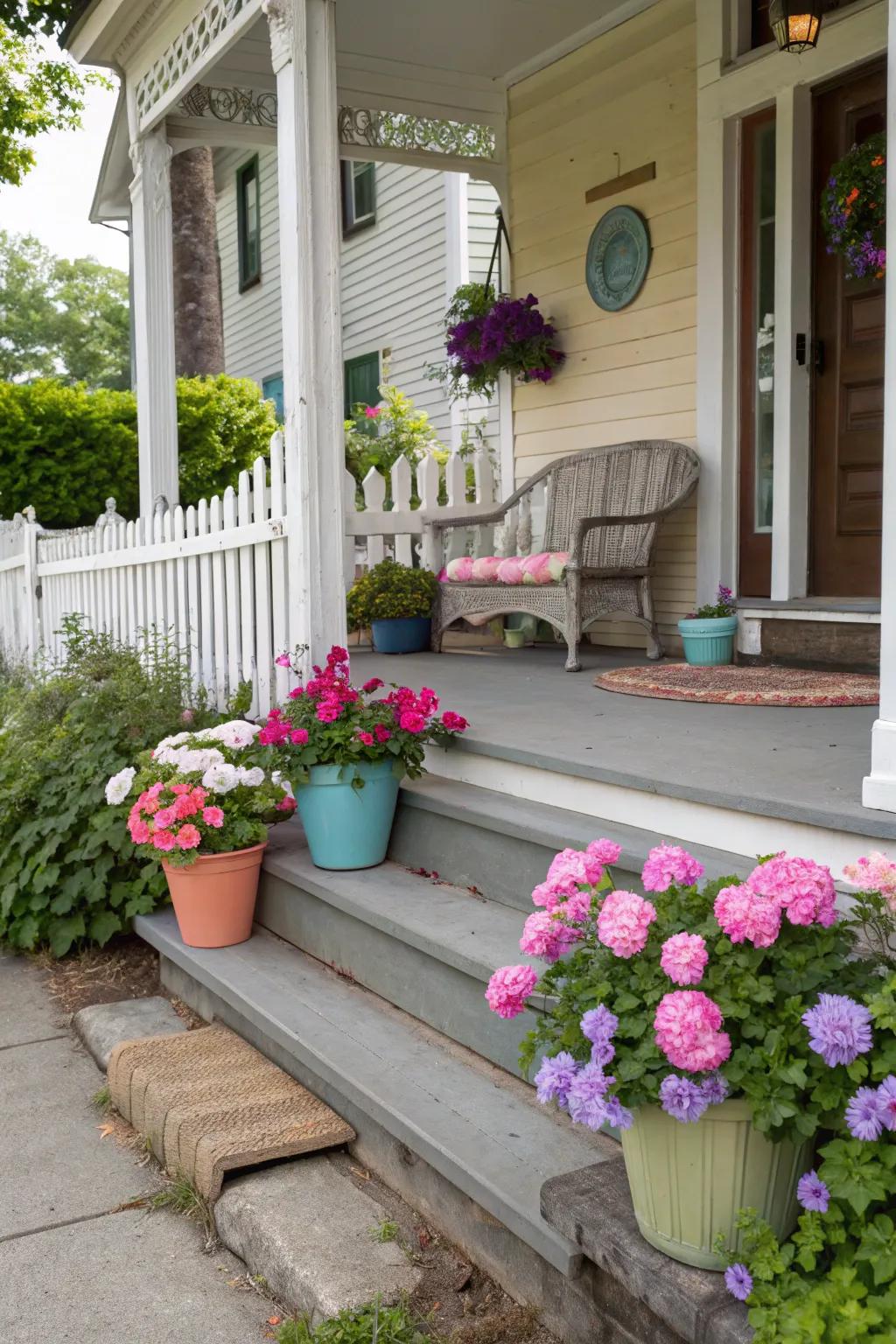 Romantic pastels with geraniums and petunias on the steps.