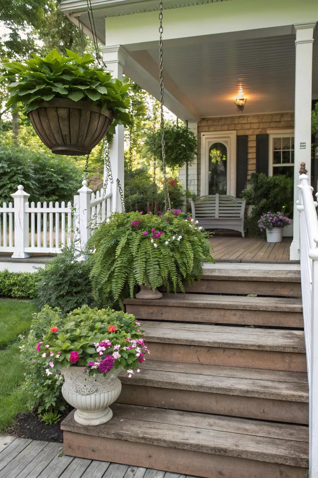 Symmetrical planters add elegance to front porch steps.