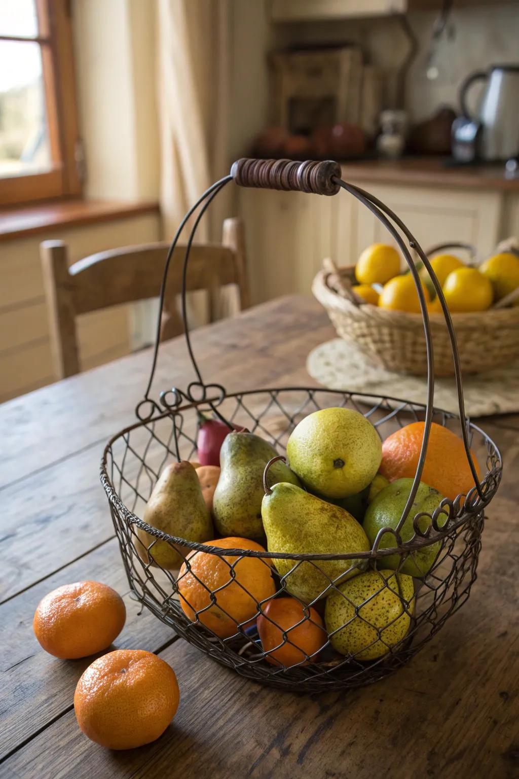 Vintage wire baskets bring rustic charm to any kitchen.