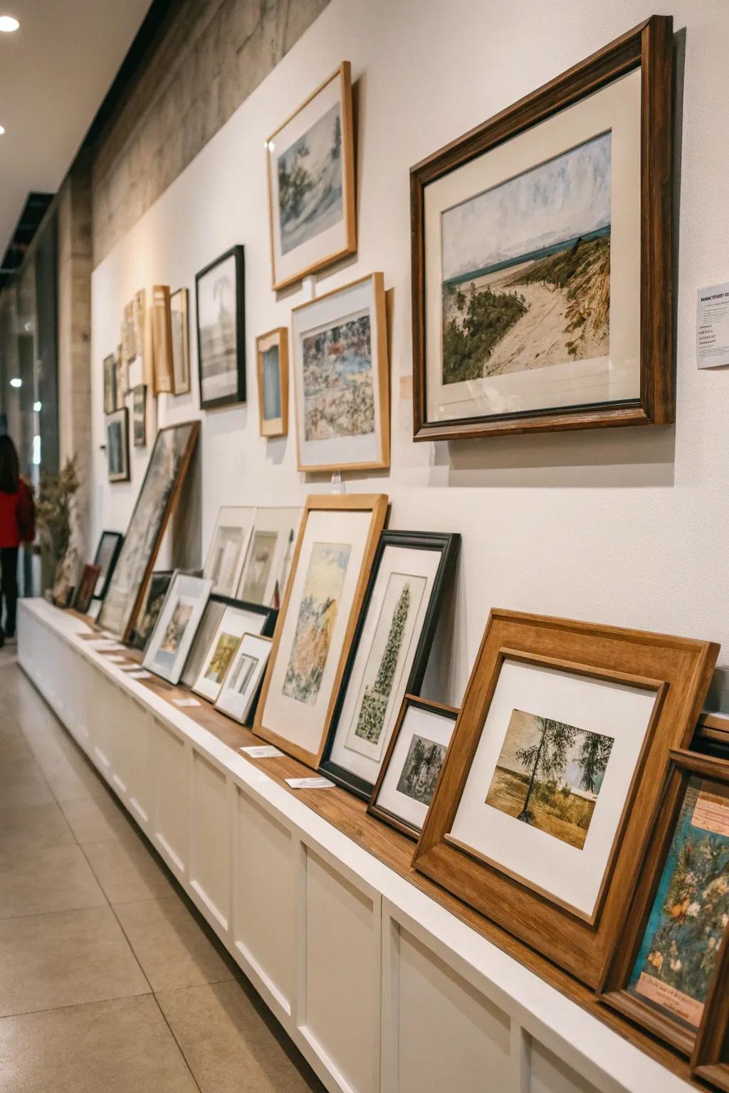 A gallery wall with frames leaning on a shelf for a flexible display.