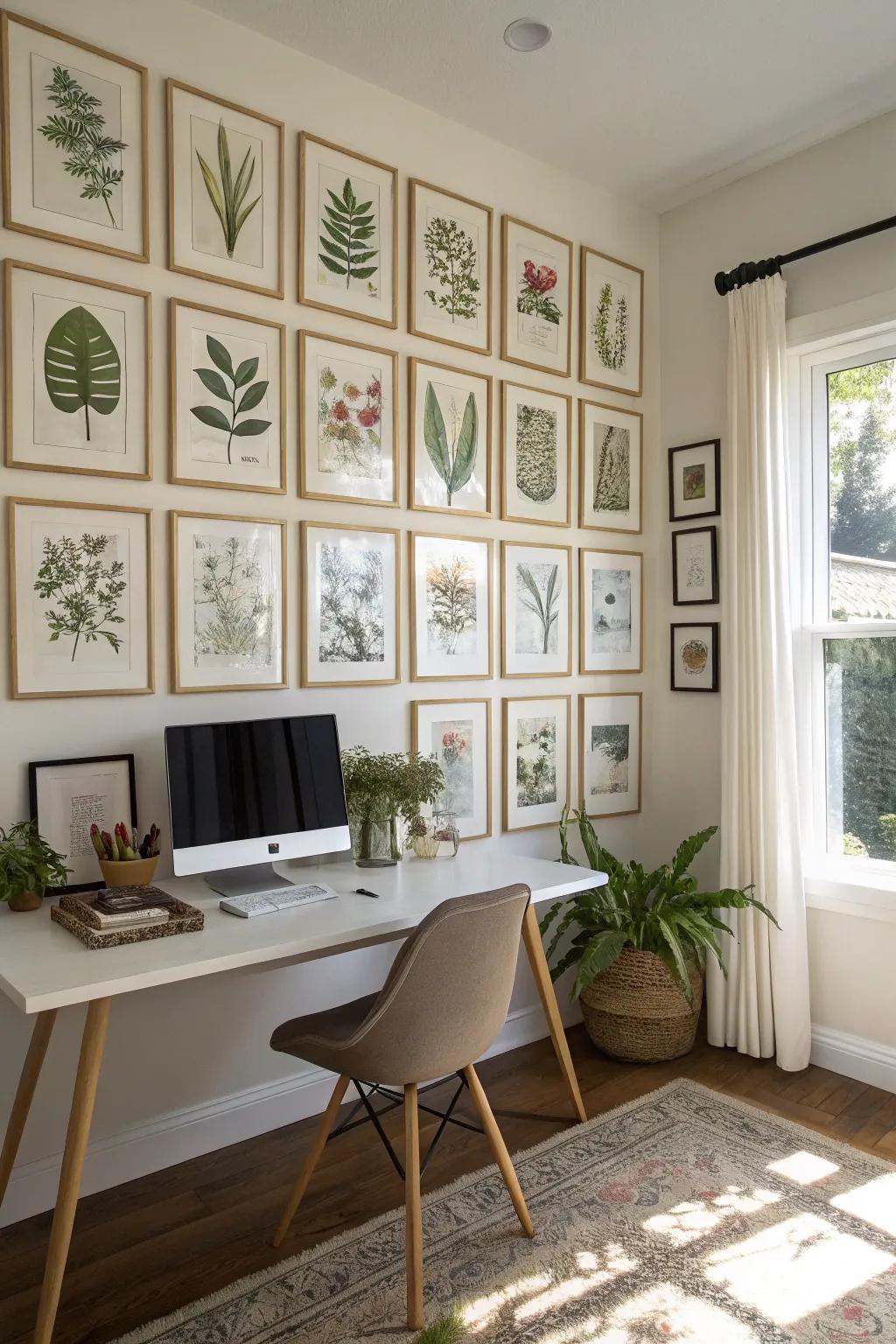 A structured grid layout featuring botanical prints brings elegance to this office space.