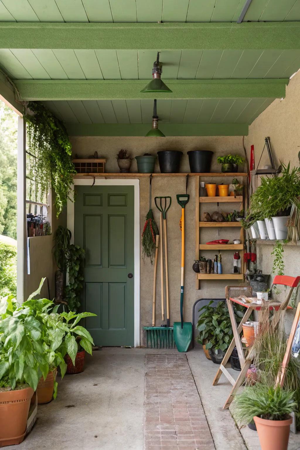 An earthy green ceiling adds a natural touch to your garage.