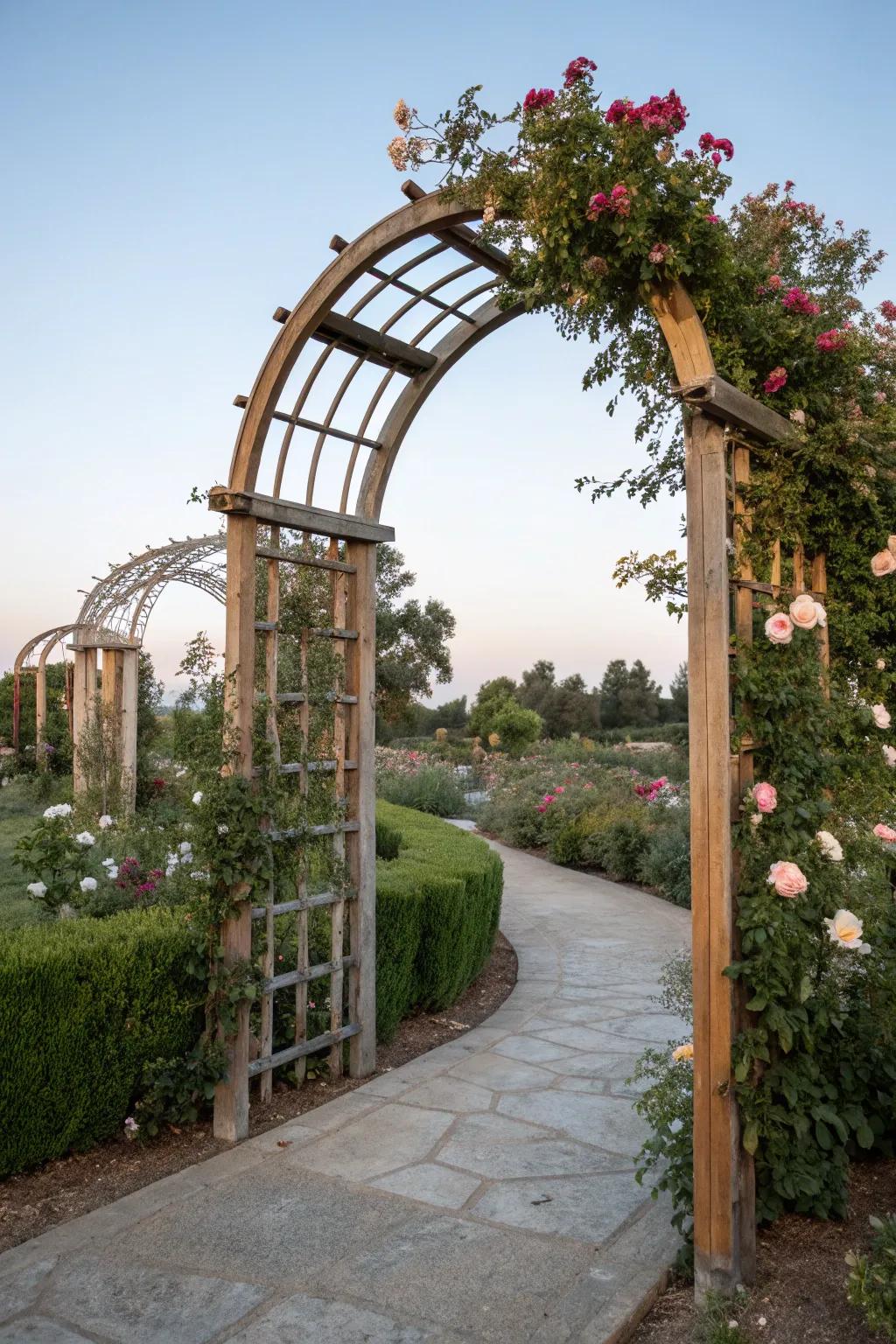 A stylish arch trellis using mixed materials.