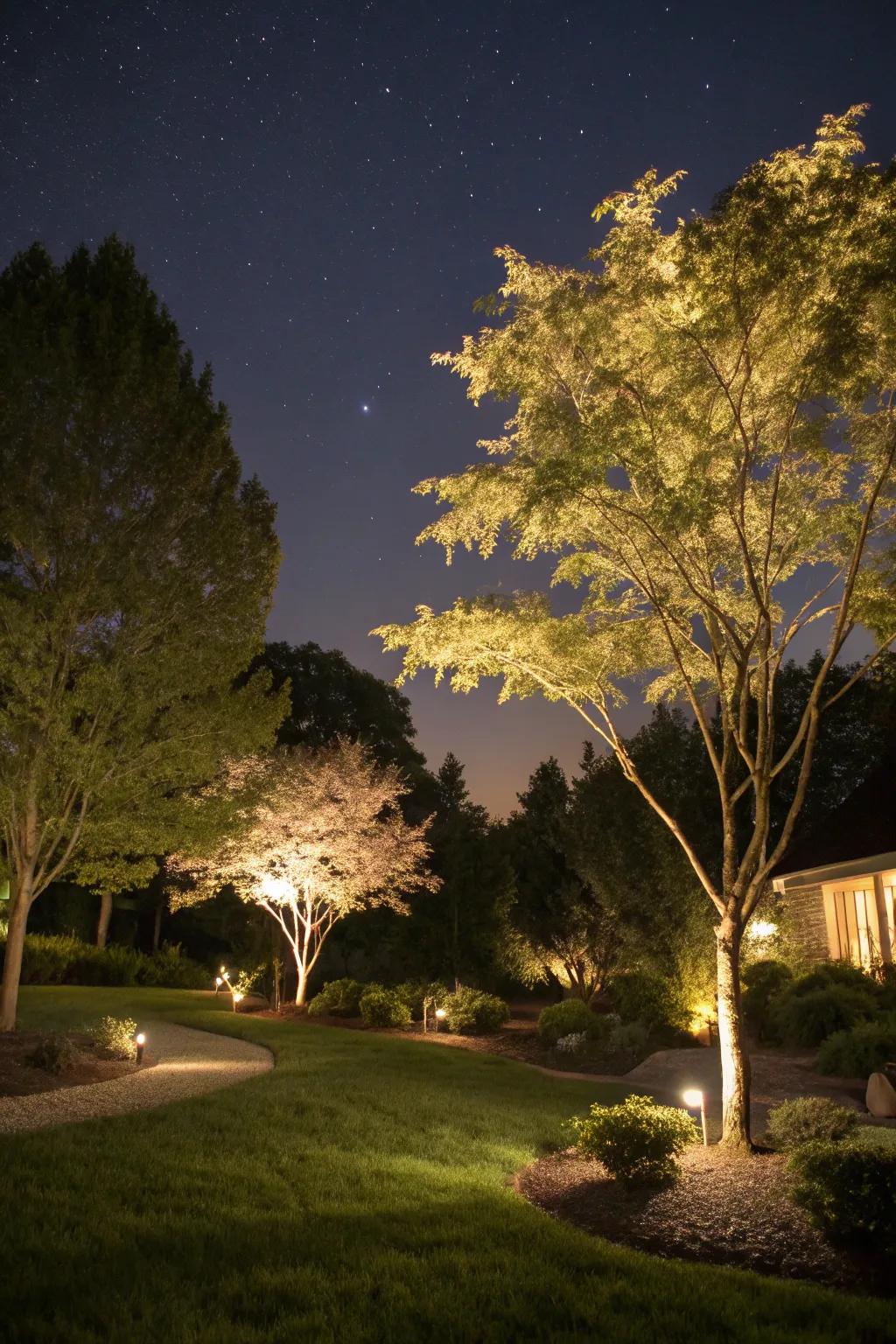 Uplighting trees creates striking visual interest in your garden.