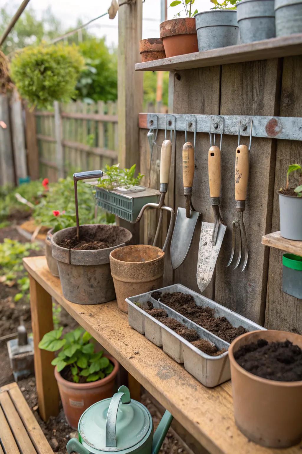 A magnetic strip above a potting bench offers sleek storage for metal hand tools.