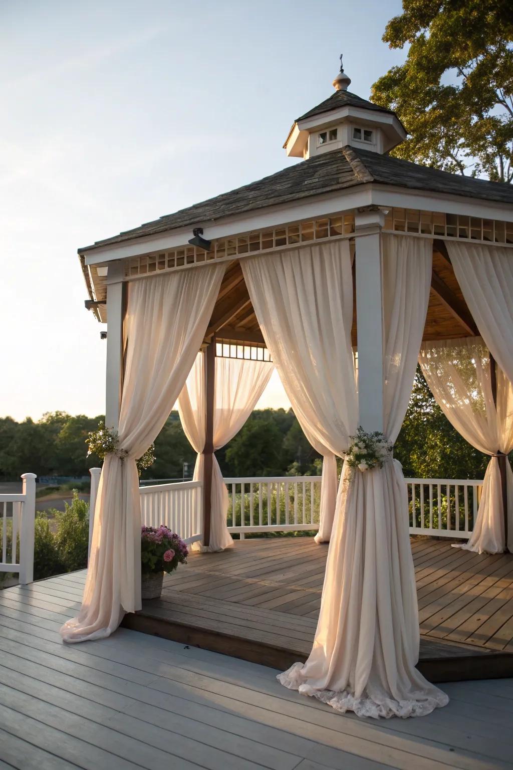 Create a romantic ambiance with a draped gazebo on your deck.