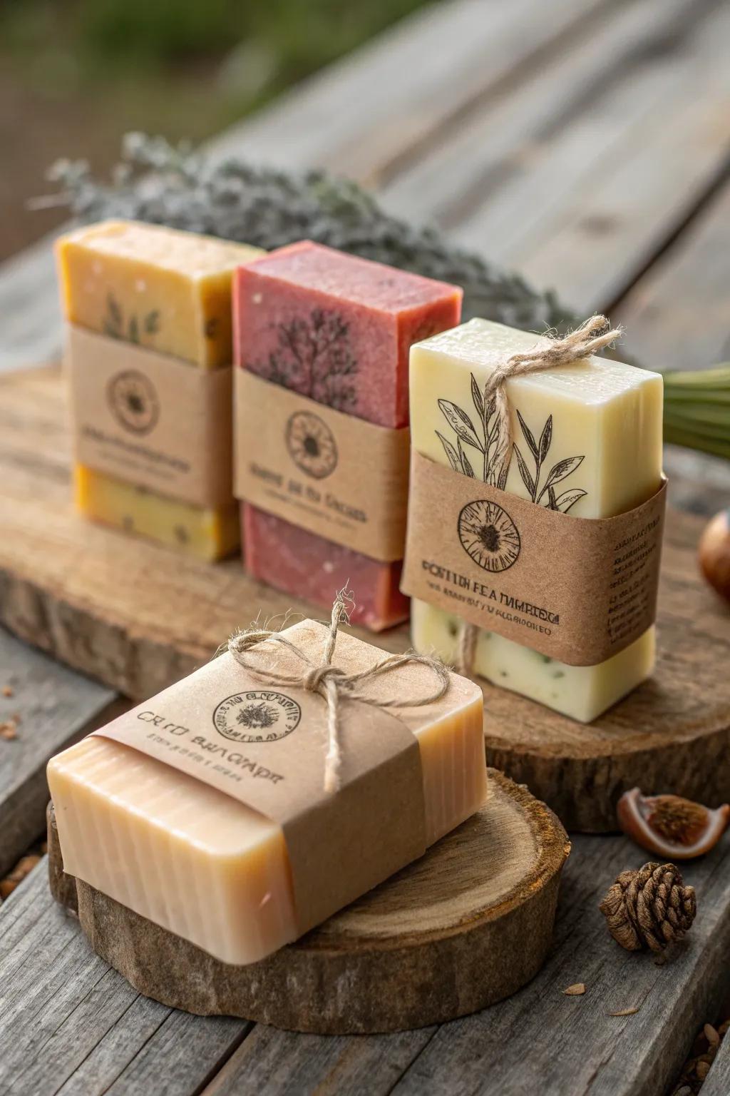 Luxurious artisan soaps in rustic packaging.