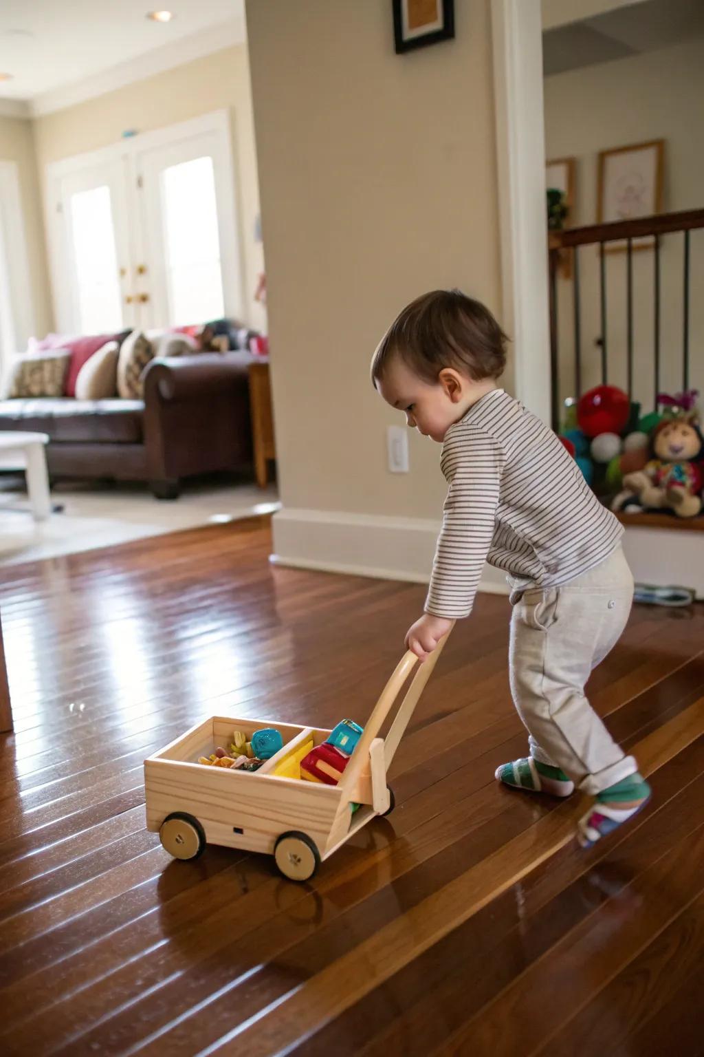 Push and pull toys support early walking skills.