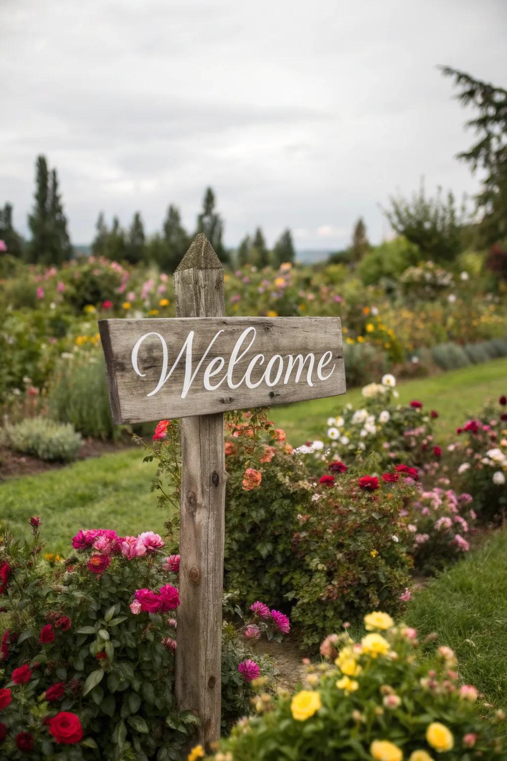 A custom garden sign adds a personal touch to her beloved outdoor space.