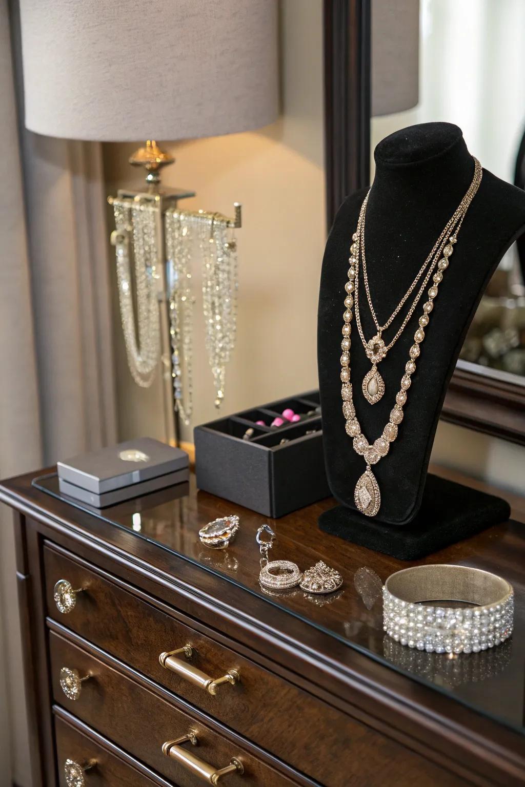 An elegant jewelry stand beautifully organizes and displays her accessories.