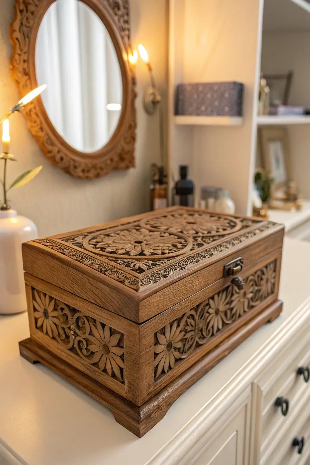 A personalized jewelry box keeps her treasures safe and stylish.