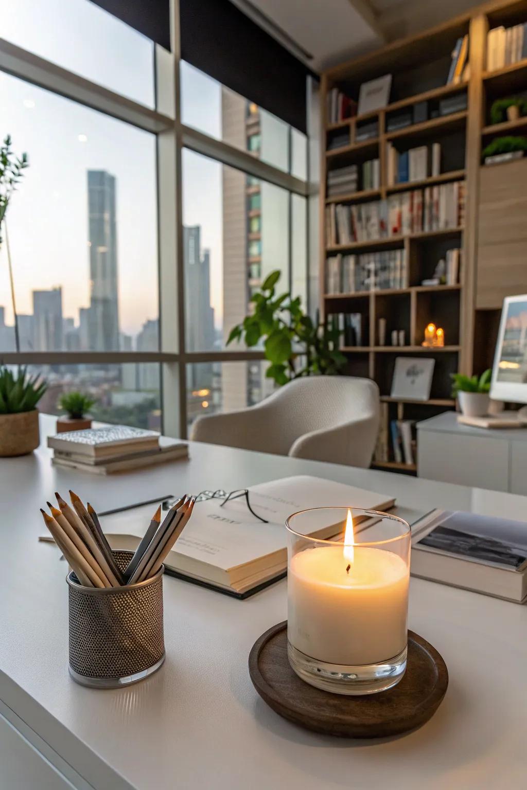 Scented candles add a touch of calm to any workspace.