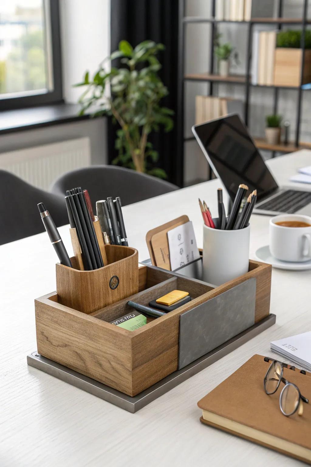 A desk organizer brings both order and style to any office.