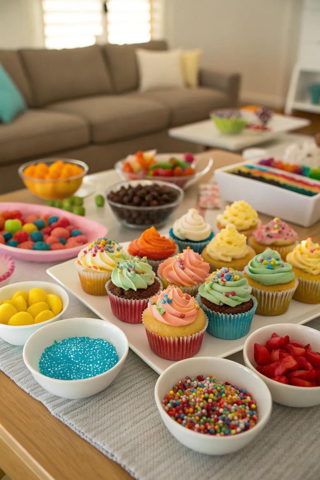 A colorful cupcake decorating station ready for creative little bakers.