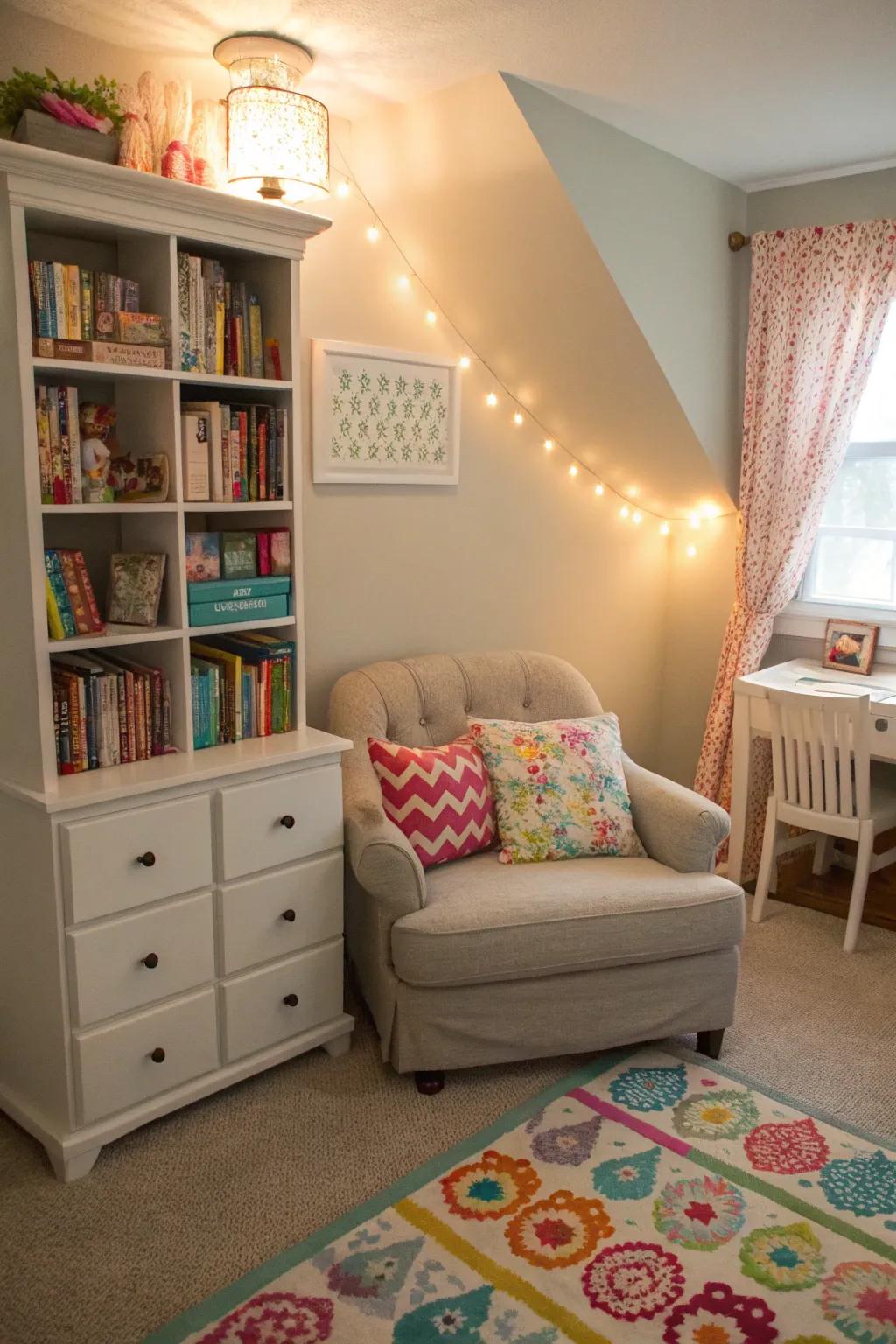 A girl's bedroom with a cozy reading nook complete with a comfy chair and a small bookshelf.